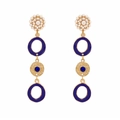 Long gold earrings with blue enamel geometric circles and cluster pearl flower tops - Blue/Gold/White (A)