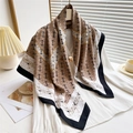 Elegant geometric print square silk scarf with vintage pattern and contrast border - Khaki