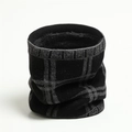 Detailed view of winter neck warmer featuring a plaid knit pattern and thick fleece lining - Black