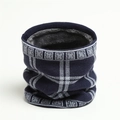 Close-up of winter knit neck warmer with thick gray faux fur lining and blue geometric pattern - Navy Blue