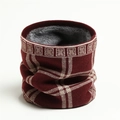 Thick dark red knit neck warmer with cream grid pattern and grey faux fur lining - Burgundy