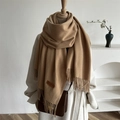 Camel soft cashmere feel scarf with fringe trim and leather logo tag for winter style - Dark Camel