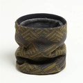 Detailed view of thick gray fleece lining and olive green knit neck warmer texture - Green (Grey & Green Geometric)