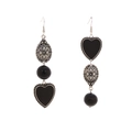 Vintage asymmetrical heart drop earrings with silver mandala patterns and black resin beads - Black Silver Asymmetric Style (A)