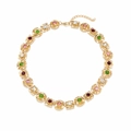 Luxurious gold geometric necklace with colorful crystals and adjustable clasp on white back - Colorful