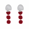Geometric multilayer red pom-pom drop earrings with hammered silver metal studs - Silver-Deep Red