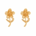 Elegant gold flower stud earrings with textured petals and delicate leaves on white - Gold
