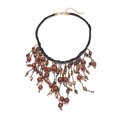 Bohemian multilayer beaded necklace featuring brown wood beads and gold metallic spheres - Brown Wood Bead Gold Tassel Style (A)