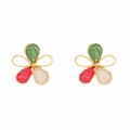 Exaggerated hollow gradient enamel flower stud earrings with golden metallic finish - Red + Green + White