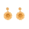 Golden textured flower drop earrings with realistic petals and beaded center on white backdrop - Gold