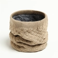 Close-up of khaki waffle knit winter neck warmer featuring soft black fleece lining - 25x20cm / Camel