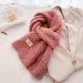 Pink chunky wool knit scarf with multicolor speckles and ins label over a beige blazer - 160x21cm (Including Tassels) / Pink