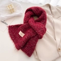 Detailed close-up of dark red wool knit scarf with ins label and fuzzy soft texture - 160x21cm (Including Tassels) / Red