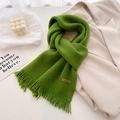 Retro grass green knitted scarf with fringes and handmade leather label on beige coat - Green