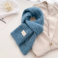 Blue mixed wool knit scarf with minimalist logo on beige blazer with aesthetic props - 160x21cm (Including Tassels) / Blue