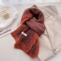 Detail of color-block knit scarf with brand tag on soft mohair wool texture - 166x20cm / Dusty Pink