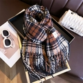 Classic coffee and black checkered cashmere-feel scarf with fringe and brand label - Black Brown (WT180-8)