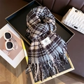 Detail of plaid scarf with fringe tassels and woven label on a premium display tray - Ink Blue (WT180-6)