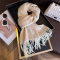 Elegant floral faux cashmere scarf with fringe, beige and light coffee jacquard style - 206x64cm / Khaki