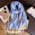 Elegant blue and white floral faux cashmere scarf with cream fringes for autumn and winter - 206x64cm / Sky Blue