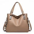 Elegant khaki tote bag in lychee texture leather with dual handles and long shoulder strap - Khaki