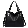 Women's black pebbled faux leather tote bag with dual handles and adjustable shoulder strap - Black