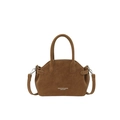 Deep brown leather handbag with white fashion lettering and detachable shoulder strap - Brown