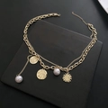 Vintage gold layered necklace with pearl, moon coin, and sun pendants on paperclip chain - Sun Flower Style-Gold
