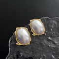 Vintage style gold earrings featuring large white oval pearls with a wave metal border - French Vintage Pearl Earrings (1-8#23)