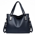 Grand sac cabas bleu marine en cuir grainé avec finitions métalliques argentées - Bleu