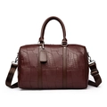 Large dark brown travel duffle bag with mixed embossed leather patterns and shoulder strap - S / Brown