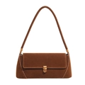 Minimalist baguette shoulder bag in dark brown suede finish with golden buckle closure - Brown