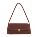 Minimalist dark brown suede baguette shoulder bag with premium gold metal lock closure - Caramel color
