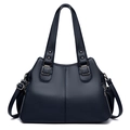 Dark blue pebbled leather tote bag with silver zippers and adjustable shoulder strap - Blue