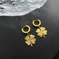Pendientes de trébol dorados con textura grabada y cierre de aro seguro para mujer - Dorado