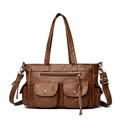 Borsa tote retrò marrone scuro multitasche con texture vintage e design a doppia tracolla - Marrone
