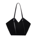 Borsa tote in pelle scamosciata nera con scollo a V e lunghi manici in pelle - Nero