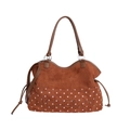 Brown suede tote bag with white polka dots and Mion Shark embroidery detailing - Single Bag / Brown