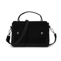 Black contrast panel handbag in matte and faux leather with silver sphere hardware - Black