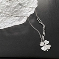 Silver clover necklace featuring asymmetrical mother of pearl and matte finish details - Four Leaf Clover Necklace (01-D10) / Silver