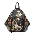 Fashionable floral print women's backpack with diamond-shaped structure and metal logo - Black
