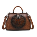 Vintage brown leather doctor bag with floral embossing and retro metallic lock mechanism - Brown