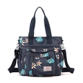 Borsa tote in nylon blu navy a fiori con tracolla regolabile e manici robusti - Piccola Orchidea