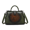 Vintage dark green leather handbag with brown floral embossed pattern and top handle - Green