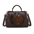 Retro dark brown leather doctor bag with vintage floral embossing and shoulder strap - Coffee