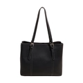 Classic black leather tote bag featuring white contrast stitching and gold buckle straps - Black