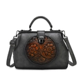 Vintage dark grey doctor bag with brown floral embossing and adjustable strap - Gray