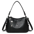 Borsa a tracolla in pelle martellata nera da donna con grande capacità e tasche multiple - Nero