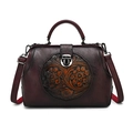 Vintage embossed dark burgundy leather handbag with floral pattern and top handle - Burgundy