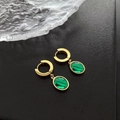 Elegant gold-plated hoop earrings featuring vintage emerald green oval gemstone pendants - Emerald Green Style (Titanium#251)